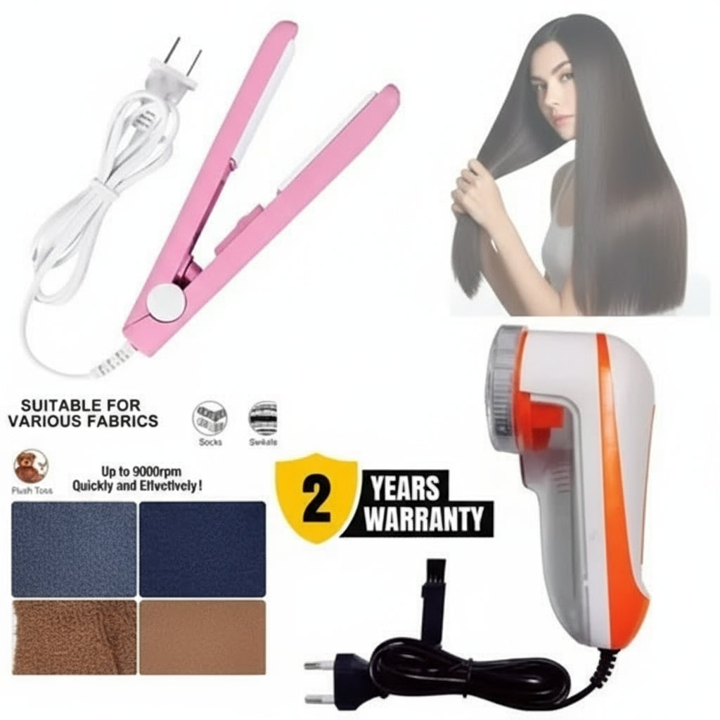 Electric Lint Remover & Mini Hair Straightener Combo (Plug-In | 2-in-1 Offer) โจ Power up your style โ Smooth clothes & silky hair in minutes!