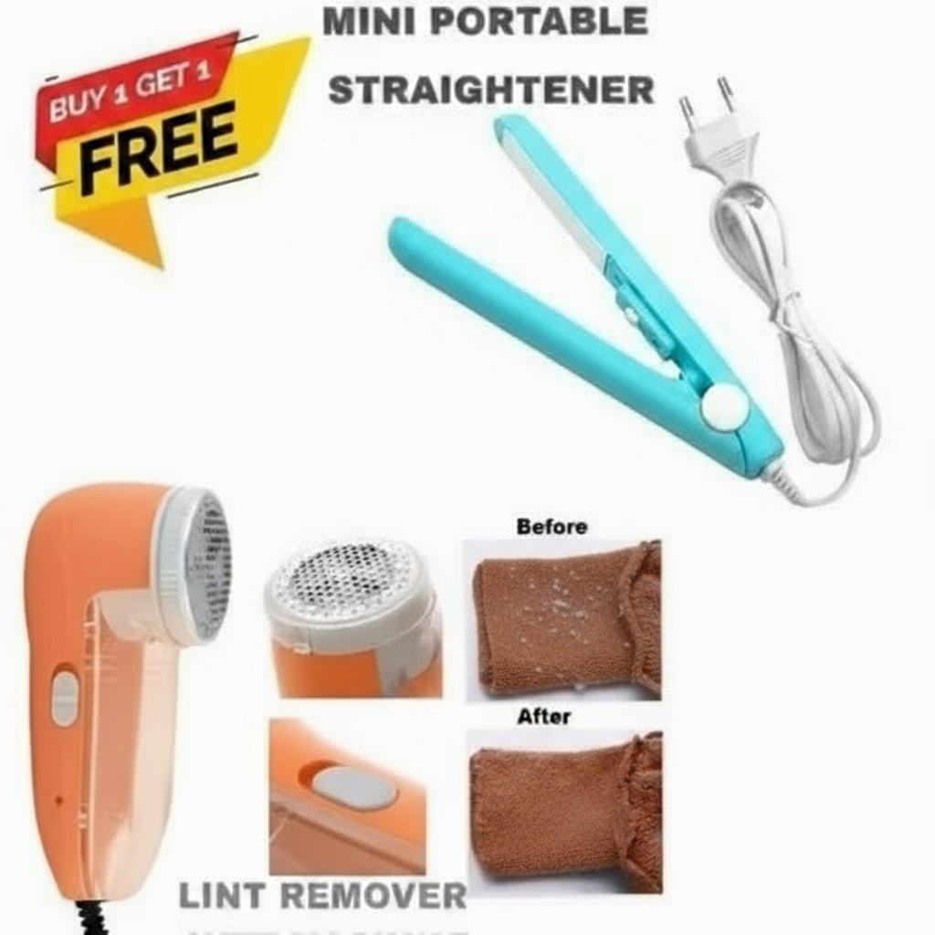 Electric Lint Remover & Mini Hair Straightener Combo (Plug-In | 2-in-1 Offer) ✨ Power up your style – Smooth clothes & silky hair in minutes!