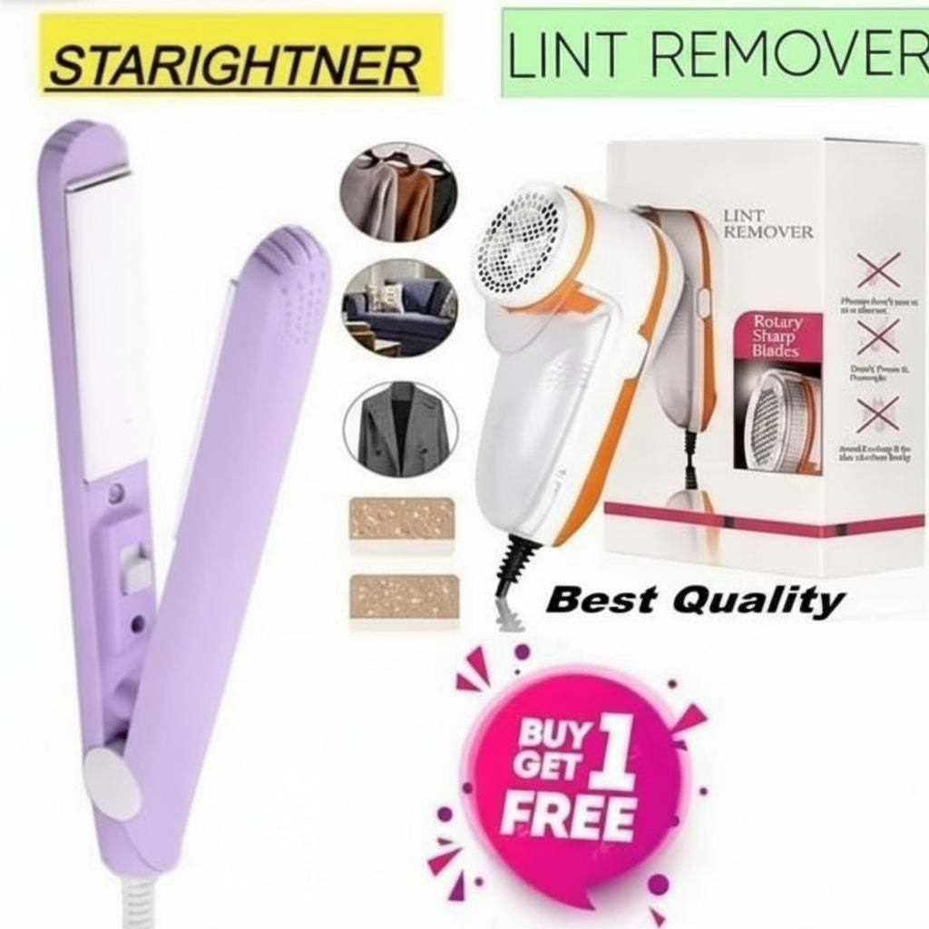 Electric Lint Remover & Mini Hair Straightener Combo (Plug-In | 2-in-1 Offer) ✨ Power up your style – Smooth clothes & silky hair in minutes!